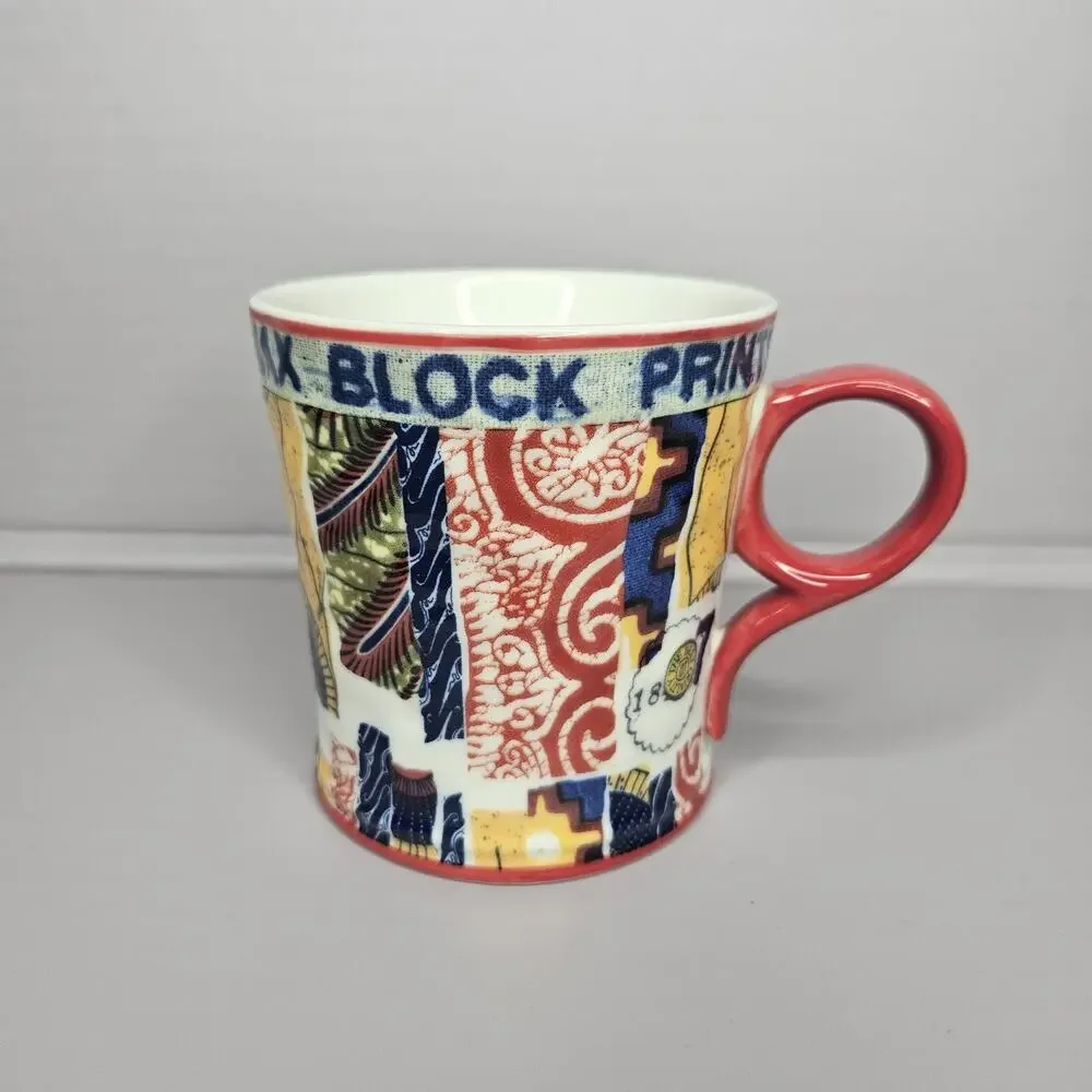 Anthropologie Coffee Tea Cup Mug Veritable Wax Block Prints Red C4
